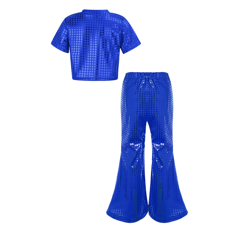 Детский костюм для джазовых танцев для девочек в стиле хип-хоп, блестящий кроп-топ с короткими рукавами с металлическим блеском и расклешенными брюками, танцевальная одежда для выступлений и дискотек