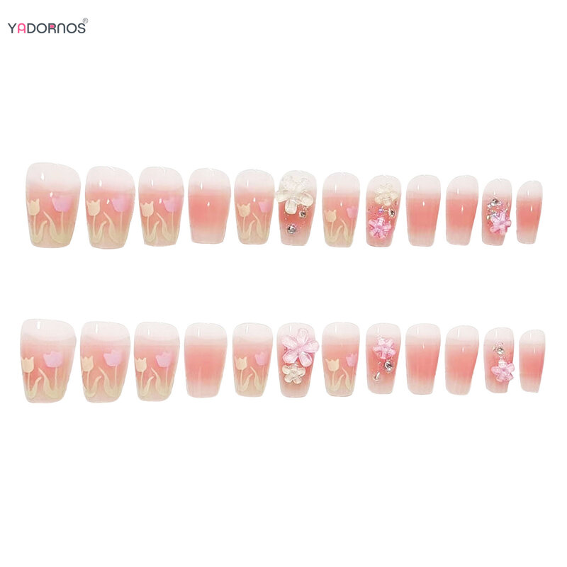 Różowa prasa na paznokciach z kwiat tulipana nadrukiem średniej długości sztuczne paznokcie pełna sztuczne tipsy do noszenia dla kobiet dziewcząt