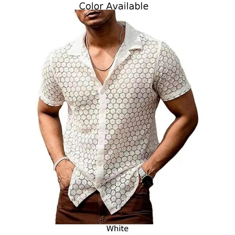 Camisa de praia de manga curta masculina, tops casuais de poliéster, lapela exterior com renda, malha oca, bordado simples