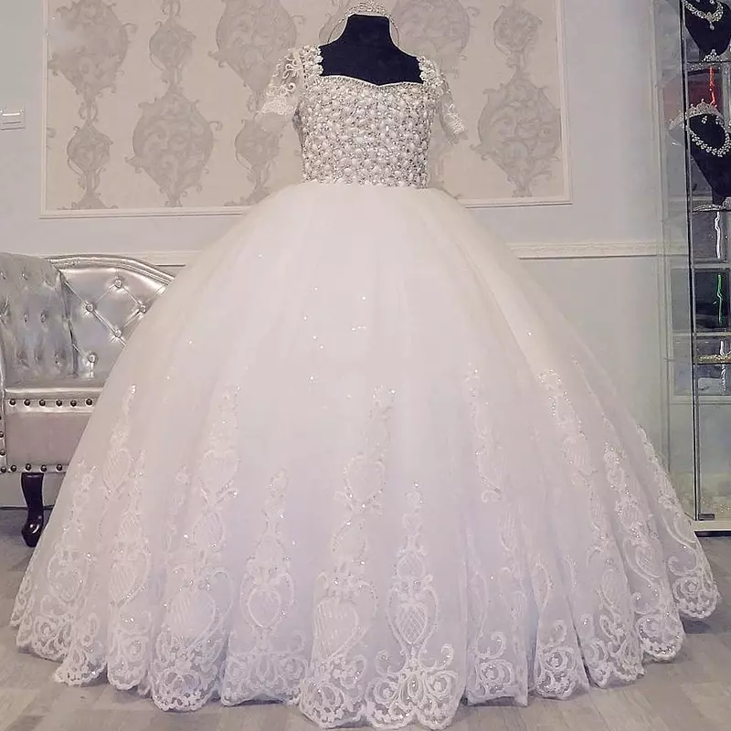 Gaun gadis bunga renda yang indah gaun bola Komuni Pertama mutiara Tulle gaun ulang tahun pernikahan anak Glitter panjang putri