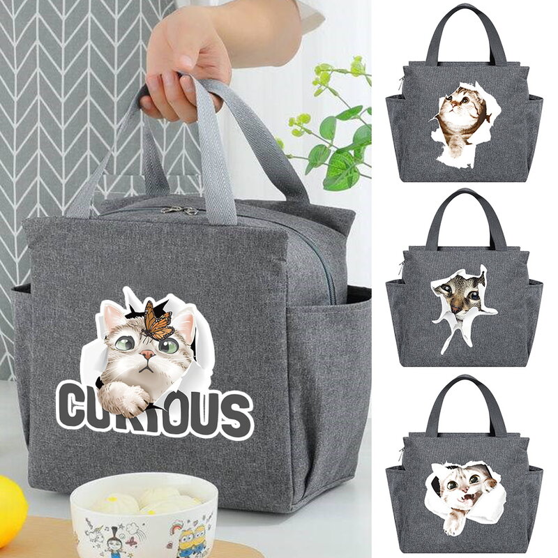 Lunch Bag Handle Insulation Cooler Bag Large Capacity Lunch Box Picnic Travel Portable Food Storage Cat Print Thermal Food Bag