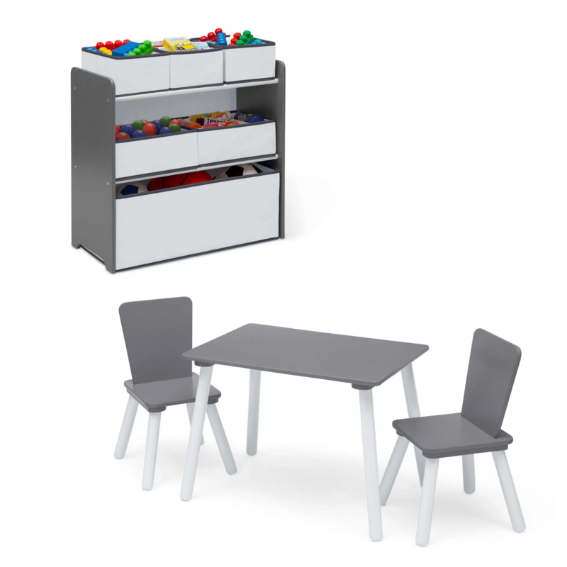 Children 4-Piece Toddler Playroom Set – Includes Play Table with Dry Erase Tabletop and 6 Bin Toy Organizer, Grey/White