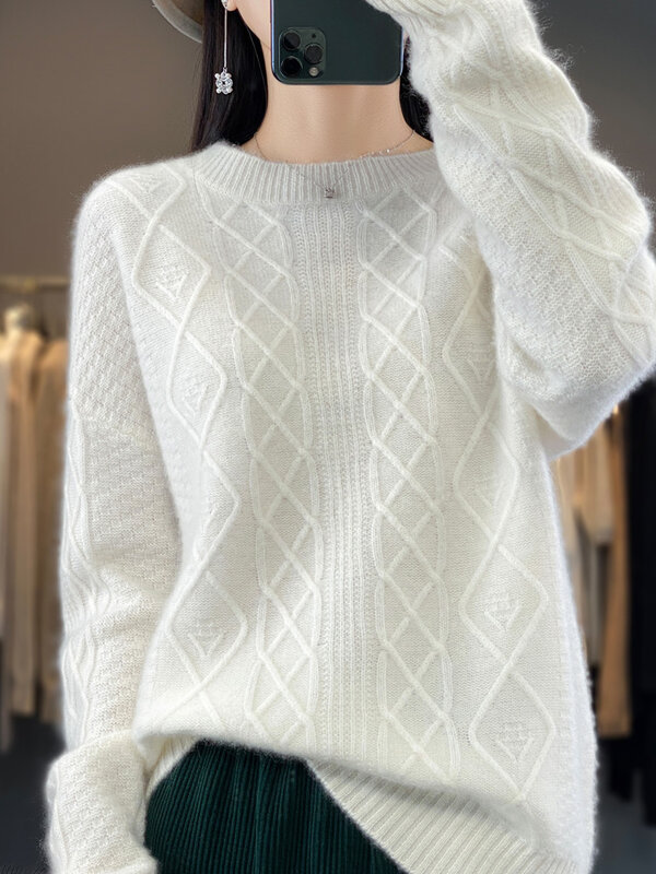 Suéter de caxemira com decote em 0 feminino 100% lã merino, pulôver grosso, manga comprida, casual, malha, moda coreana, outono, inverno