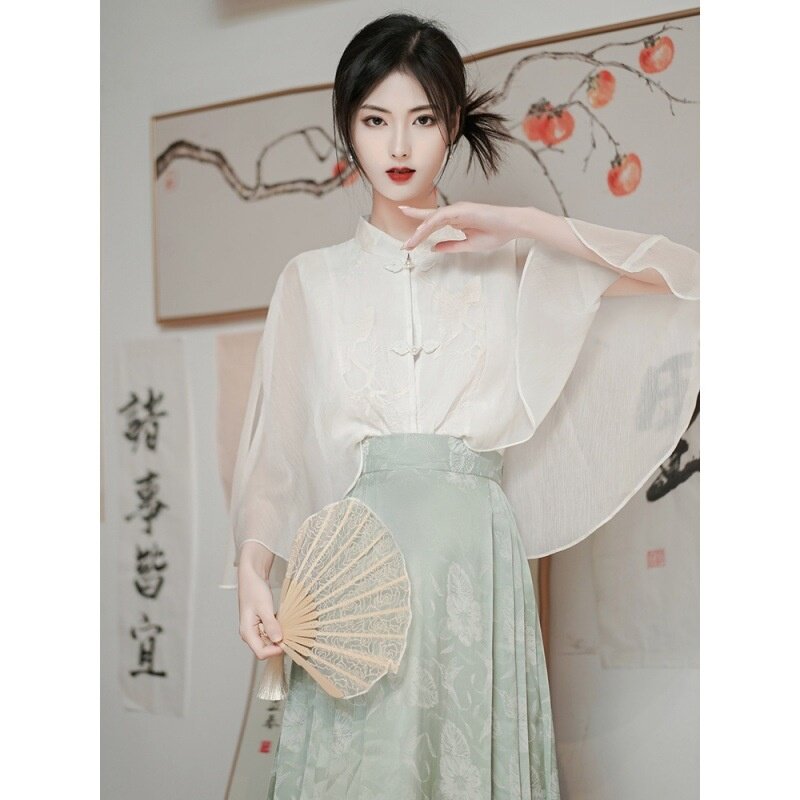 New Hanfu Embroidery Elegant Ethnic Style Top+New Chinese Improved Horse Face Skirt Two Piece Set