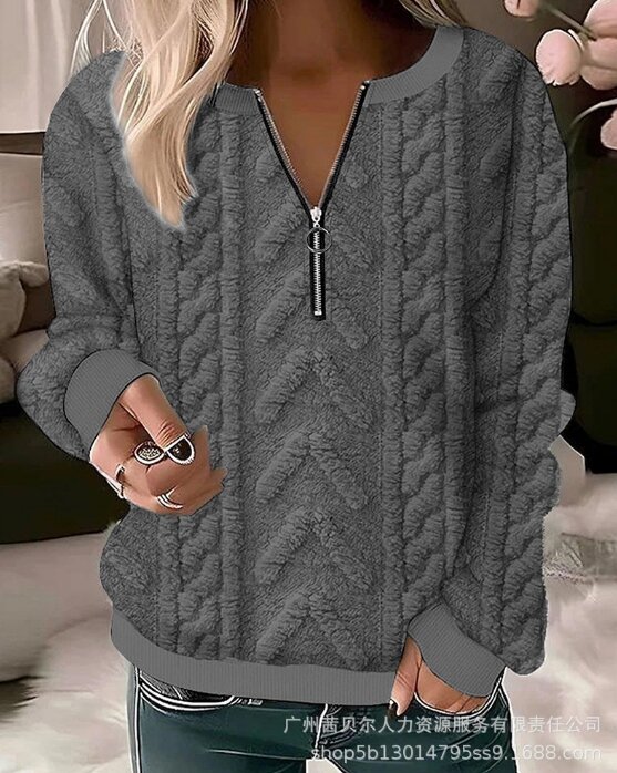 Camisola de zíper com decote em v feminino, pulôver de textura simples, blusa casual, temperamento quente, outono, inverno, 2022