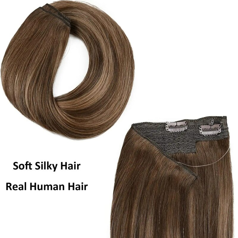 Ysg HAIR doczepy z ludzkich włosów niewidoczny drut wędkarski One Piece Remy klips do włosów w wątku Hairpiece Ombre brązowy do blond dla kobiet