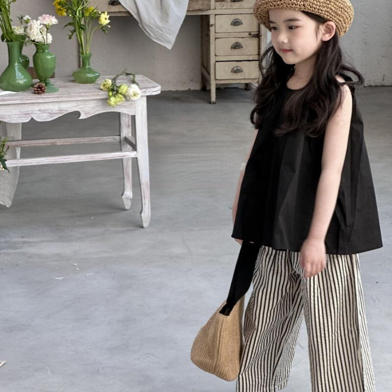 Korean Girl Suit Summer New Joker Sleeveless Vest Top Striped Wide-leg Pants Casual Fashionable Two-piece Baby Girl Clothes