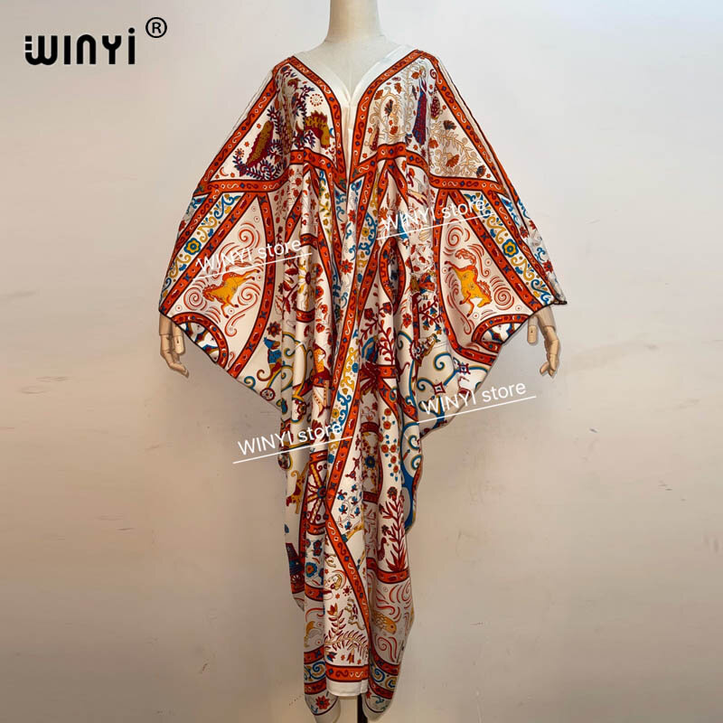 Традиционное платье-макси из искусственного шелка с принтом WINYI, Дашики, африканская Женская абайя, длинные платья для женщин, богемное платье с V-образным вырезом