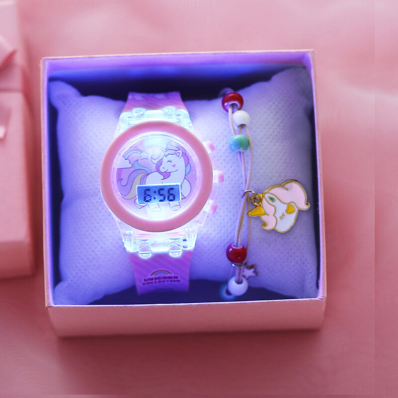 Relógios digitais unicórnio para meninas, relógios infantis com pulseira, flash eletrônico, brilho acima luz, colorido, presentes de festa de aniversário, coleção