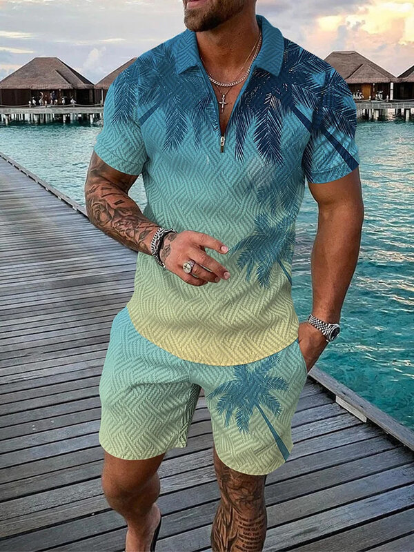 Hawaii Tracksuit 3D Print Beach Polo Shirts Shorts Sets 2 Pieces Man's Oversized Short Sleeve Shirt Pants Set Suits Men Clothi