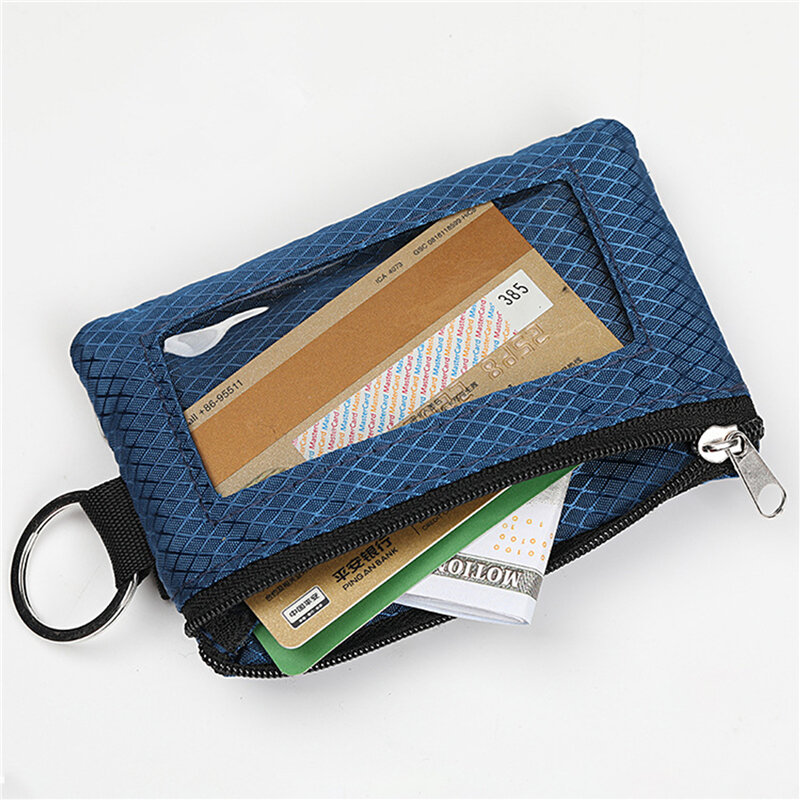 Dompet kecil pemblokir RFID, dengan jendela ID, kantung casing ritsleting tahan air dengan tali gantungan kunci untuk kartu, dompet koin uang tunai