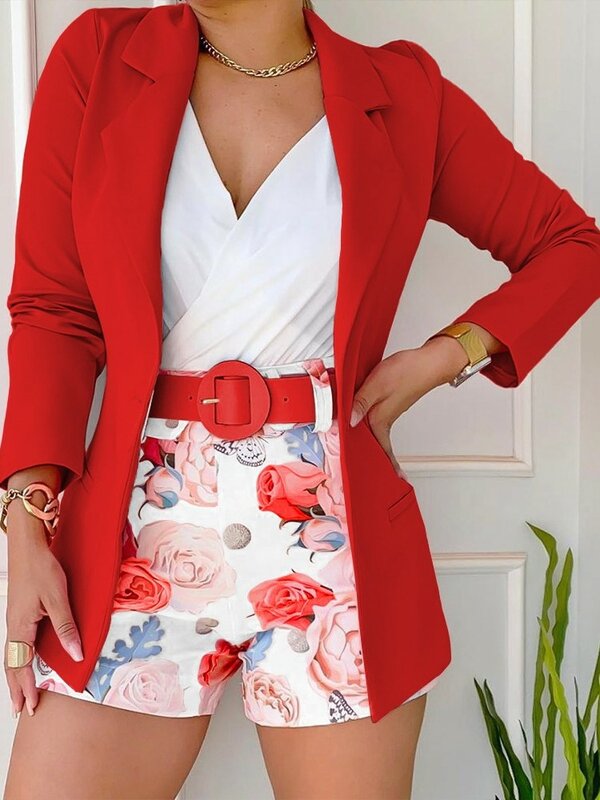 Long Sleeve Suit Jacket Shorts Set Spring Fashion Solid Turn Down Collar Coat Print Shorts Two Piece Sets For Women Outfit 2023