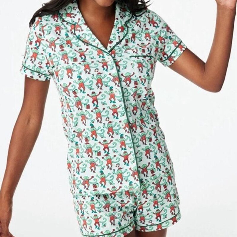 Kawaii Cartoon Print Lounge Pyjama Nachtwäsche Frauen Kurzarm Bluse Shirt Top Shorts y2k Vintage bequeme 2 Stück Set Outfits