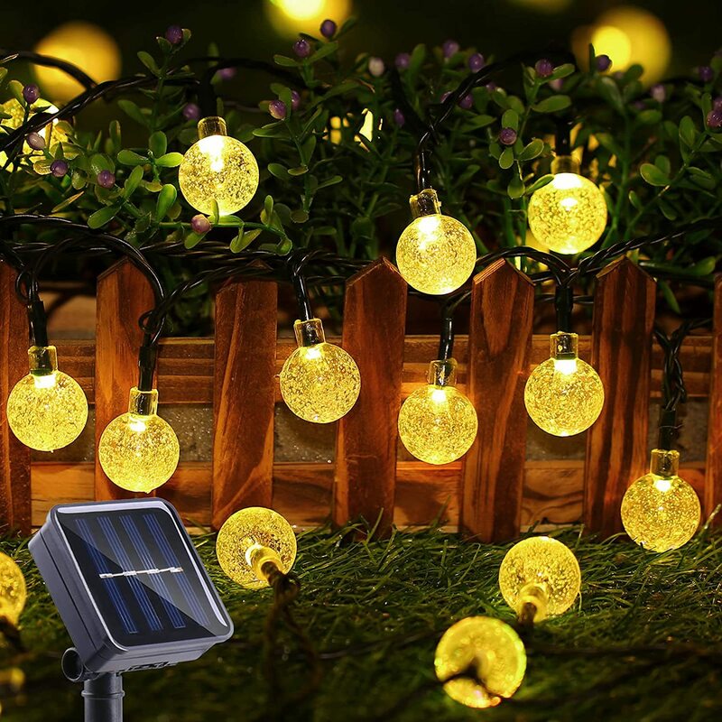 Lampu tenaga surya 100 LED/12M, bola kristal 8 mode LED, lampu tali, lampu karangan bunga untuk dekorasi luar ruangan pesta Natal