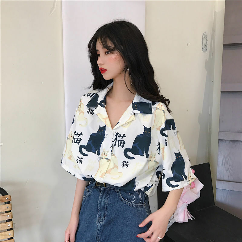 Shirts Women Vintage Cat Printed Korean Basic Loose Chic Design Ladies Clothing Girl Daily College Street All-Match Womens Top