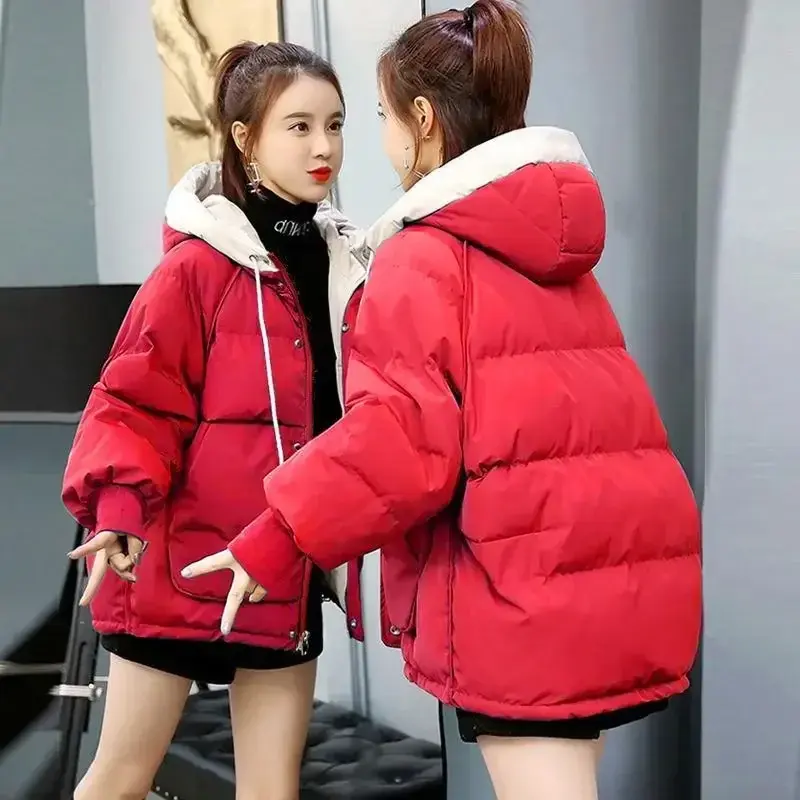Jaket bertudung untuk wanita, mantel katun pendek tetap hangat Slim Fit gaya Korea musim dingin 2024, jaket desainer jaket musim dingin wanita longgar ukuran Plus