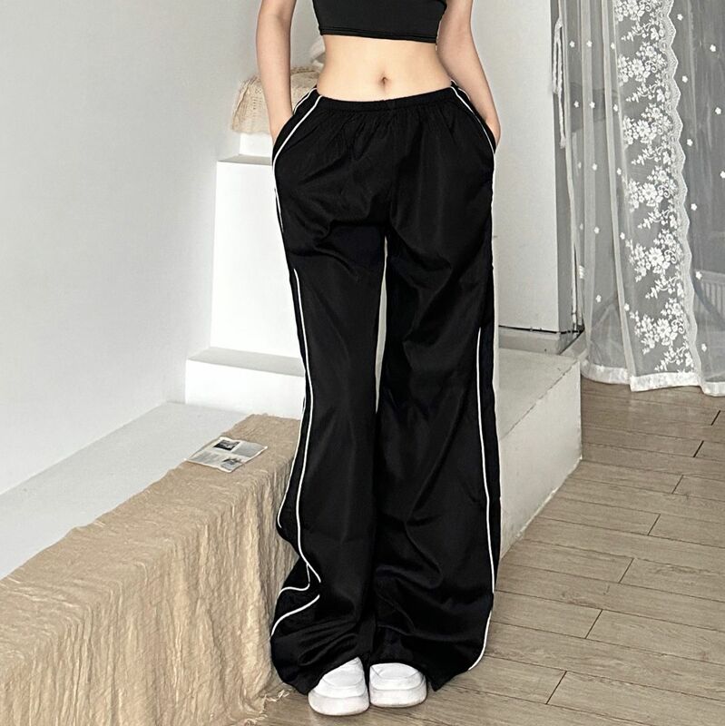 Calça Jogger casual de cintura baixa feminina, calça de perna larga, Harajuku calça larga, monocromática, streetwear feminina