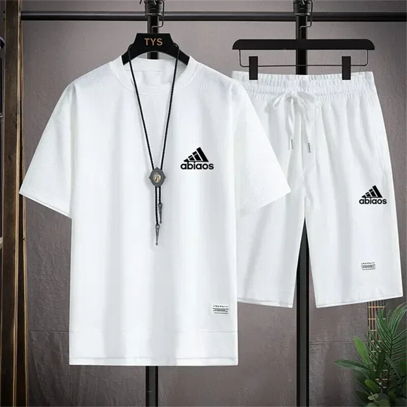 Sommer anzug für Männer Waffel stoff Mode Freizeit kleidung T-Shirt Shorts zweiteiliges Set männlicher Sporta nzug Kurzarm Trainings anzug