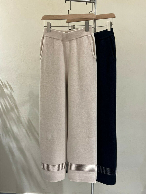 Pulôver feminino com gola redonda, terno de caxemira puro, suéter tricotado, calça de perna larga, calça de cintura alta, BC