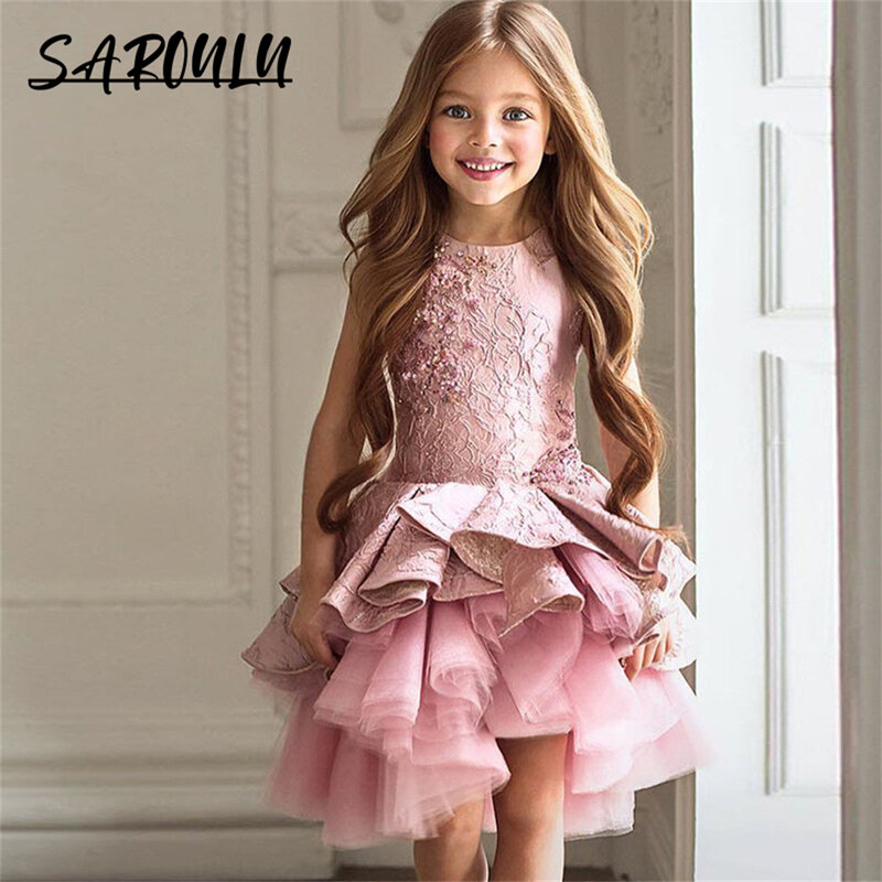 Lovely Pink Tiered Girls Formal Dress Lace Appliques Tulle Short Prom Dress For Child O Neck Sleeveless Wedding Flower Girl Gown