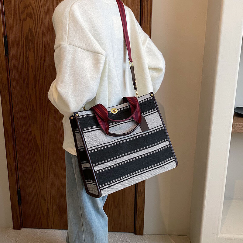 Canvas Stripe Tote Bag Vintage Shoulder Crossbody Bags Large Small Size Versatile Women's Handbags Shopping Storage Handbag