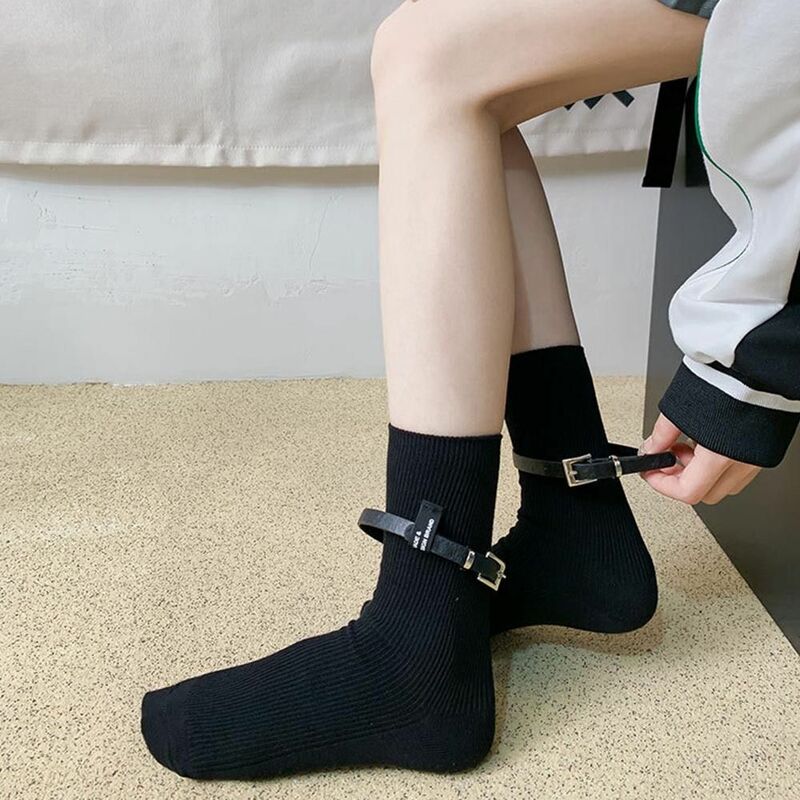 Cotton Women's Socks Boneless Stitching with Belts Mid-calf Socks Medium Tube Solid Color Korean Style Short Socks Street
