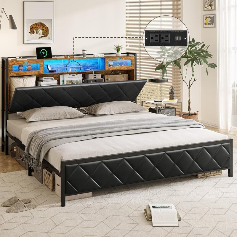 King Size Bed Frame with Hidden Storage Headboard and Charging Station Platform Bed