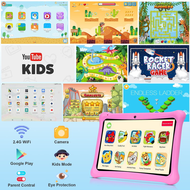 Tableta Android de 10 pulgadas para niños, Tablet PC con funda de silicona, Google Play, WiFi, soporte, 2 + 64GB