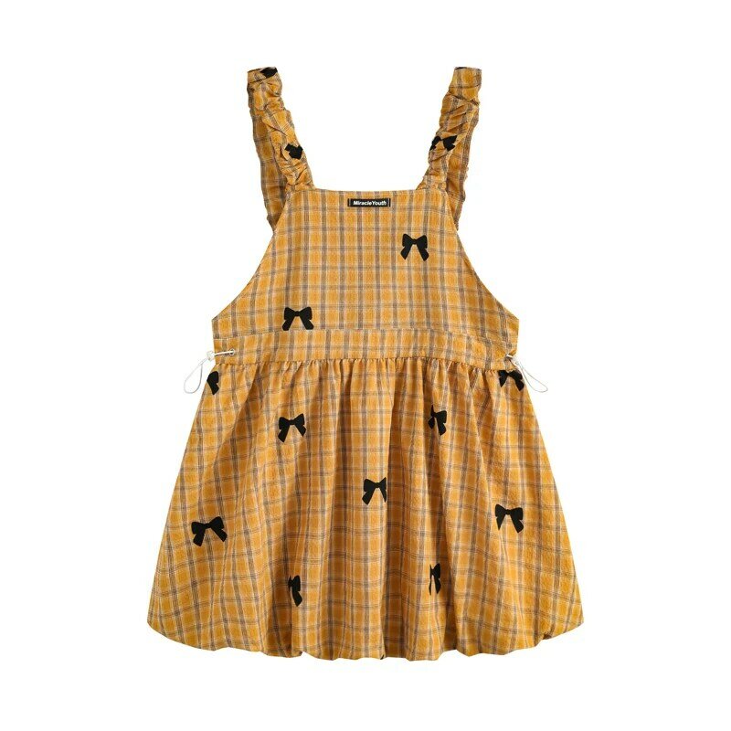 Estilo pastoral feminino listrado bowknot xadrez impresso vestidos, cintura apertada, vestidos curtos de tiras de verão, roupas pretas amarelas