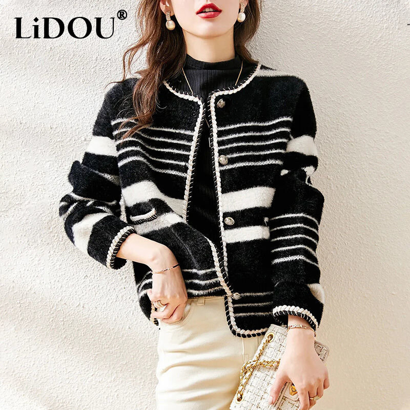 Autumn Winter New Round Neck Striped Patchwork Coat Office Lady Elegant Fashion Buttons Jacket Women's Loose Casual Outwear Top