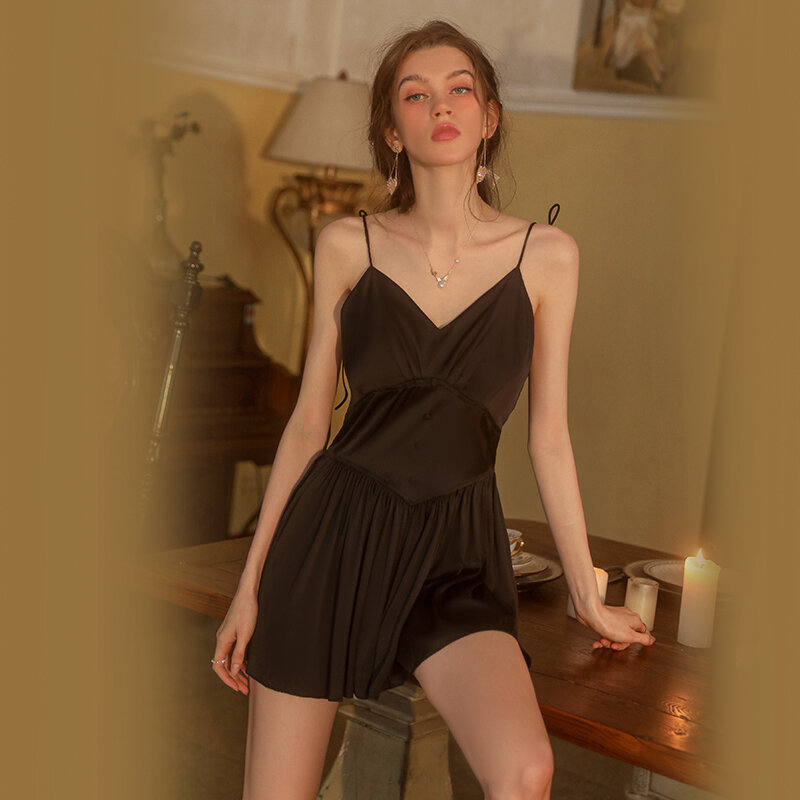 Gợi Cảm Mousse 2023 Đêm Mùa Thu Mặc Sexy Nữ V Sâu Sling Bodysuit Satin Thoáng Khí Dây Dây Thoải Mái Homewear Bộ