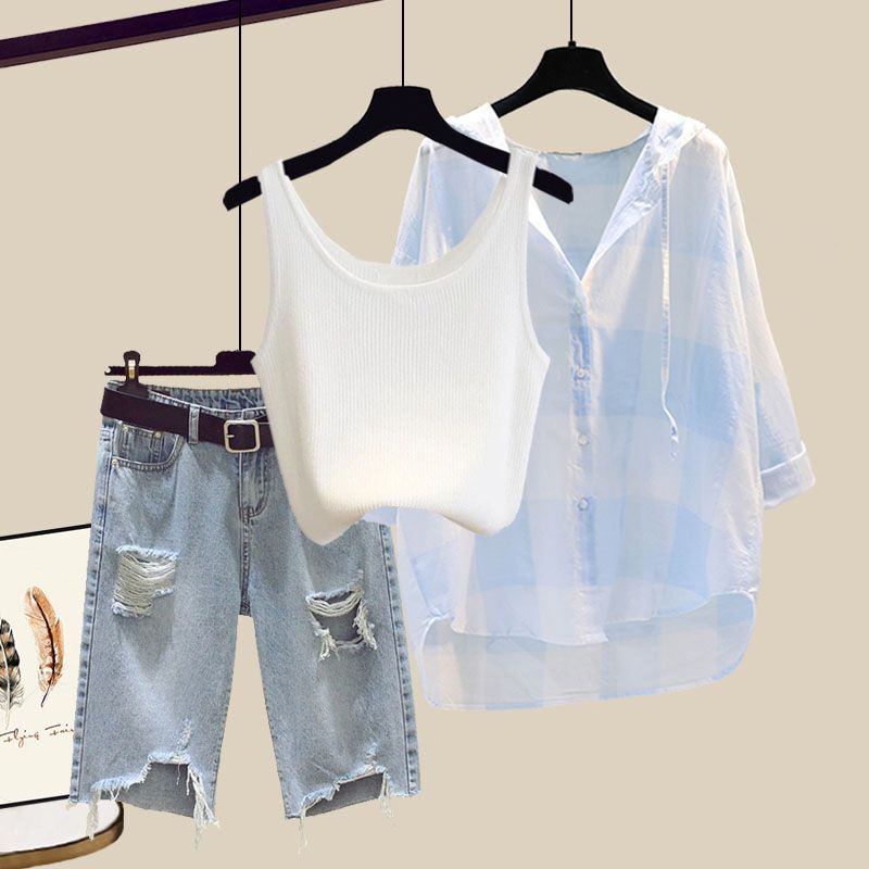 Летние новые перфорированные джинсовые шорты подвесной жилет в клетку шифоновая рубашка комплект из трех предметов Элегантный женский брючный комплект