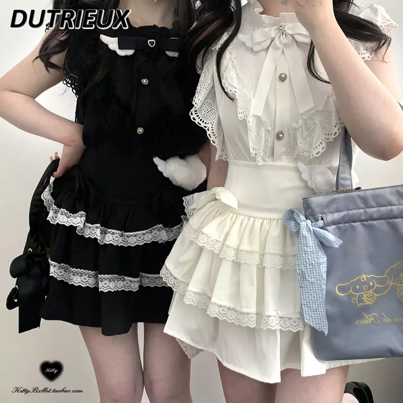 Sweet Cute Girls Wild High Waist Short A- Line Skirt Summer New Bow Double Layer Lace Mass Production Kawaii Cake Mini Skirts