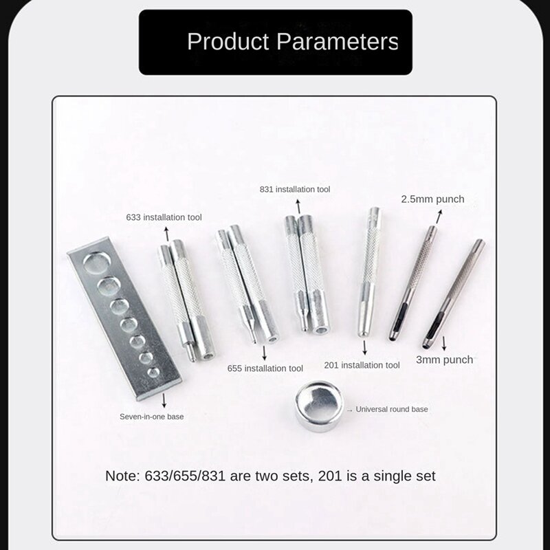 11PCS 633/655/831/201 Rivet Base Snap Button Base Punching Leather Snap Button Set Silver