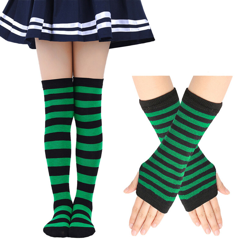 Girls Striped Stocking Socks Knee High Socks School Girls Over The Knee Hosiery Arm Warmer Fingerless Gloves Set