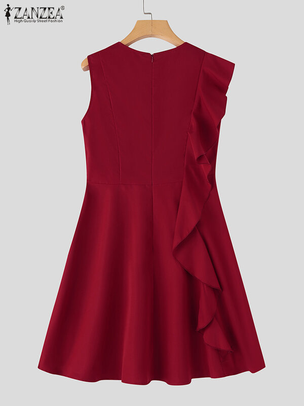 ZANZEA-Mini robe d'été courte à volants pour femmes, tenue élégante, sexy, à la mode, décontractée, couleur unie, pour fête, 2024