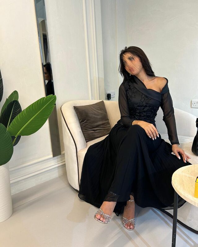 Appliques Black Prom Dresses Long Sleeves A-Line Chiffon Satin Saudi Arabia Women Evening Dress Party Gown فساتين مناسبة رسمية