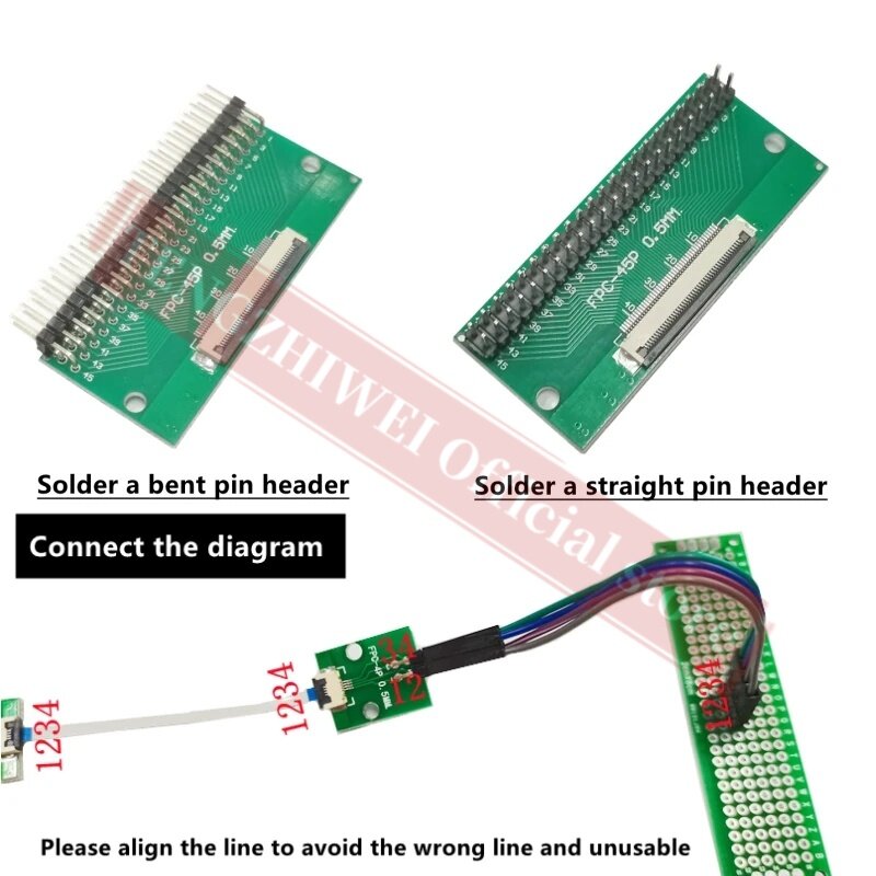 2 buah papan adaptor FFC/FPC 0.5MM-45P hingga 2.54MM lasan 0.5MM-45P konektor flip-top lasan lurus dan header pin bengkok