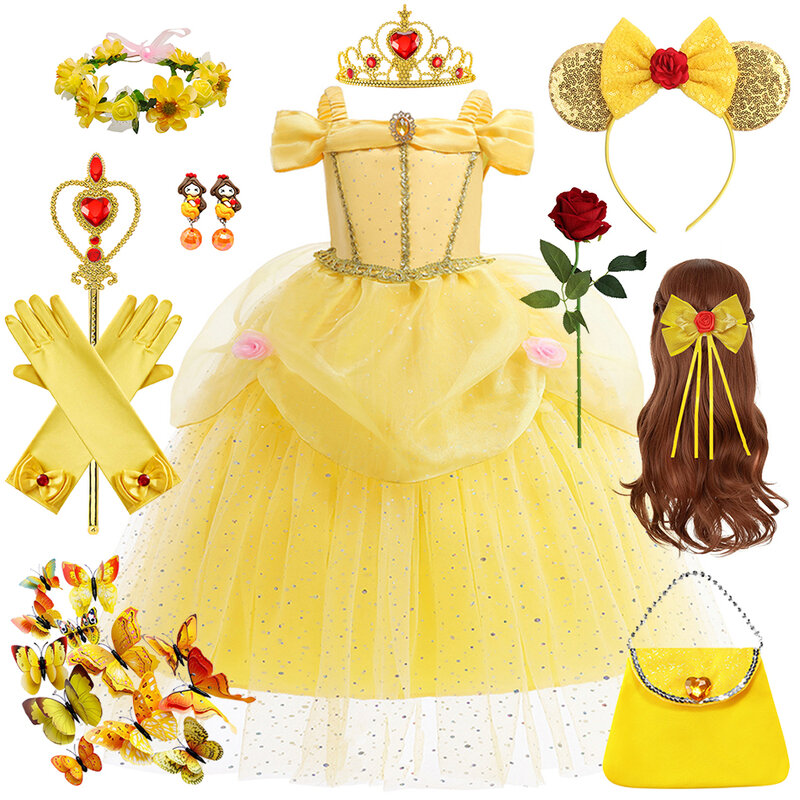 Vestido de princesa para niños, disfraz de Bella, elegante vestido de flores para fiesta de cumpleaños y Navidad, trajes de fantasía para niñas