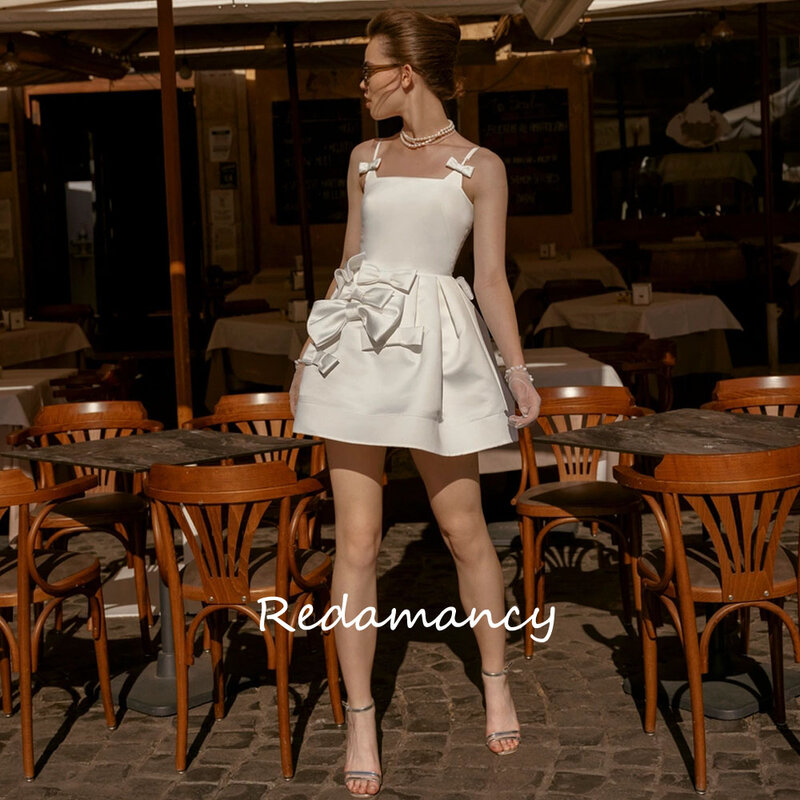 Redamancy-vestido de novia blanco sin tirantes, traje Sexy de satén con lazo, corte en A, Espalda descubierta, ajustado hasta la rodilla, para fiesta, 2024