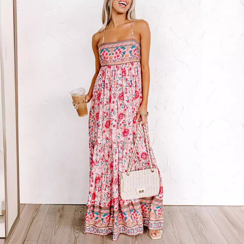 Summer New Arrival: Spaghetti Strap Floral Print Street Style Backless Dress for Women