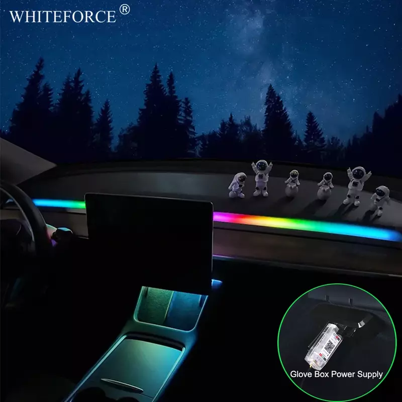 Luz Ambiental de Streaming para salpicadero de Tesla modelo 3/Y, 2017-2023, Control remoto/aplicación, tira de luz ambiental USB, decoración de lámpara