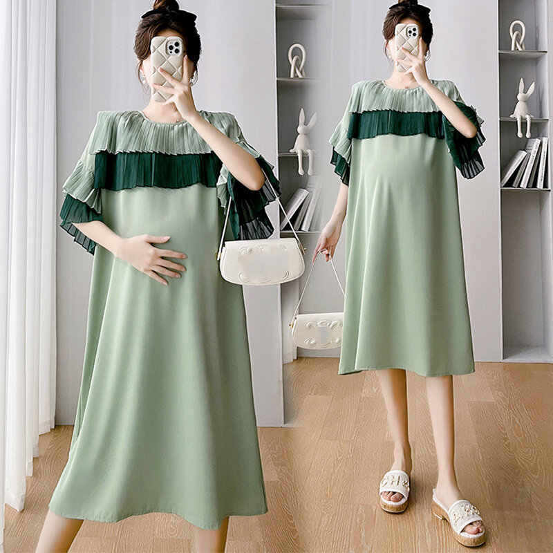 Maternity Loose Chiffon Pleated Dresses Casual Summer Dress Women Casual Chiffon Pregnancy Clothes Pleated Pregnant Woman Clothe