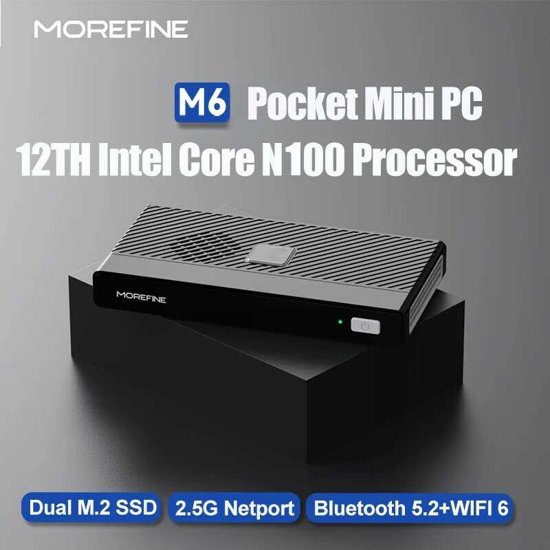 Morefine M6 Portable Gaming Mini PC, N100, N200, iOs, 12th Gen, DDR5, 2933MHz, NVMe, SSD, Pocket PC, HDMI2, 4K, 60Hz, WiFi 6, BT5.2