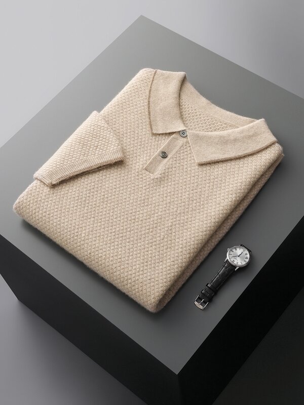 High-quality Spring Summer 100% Pure Goat Cashmere Men's Sweater POLO Neck Knit Pullovers Young Casual Tops  Short Sleeve Shirt