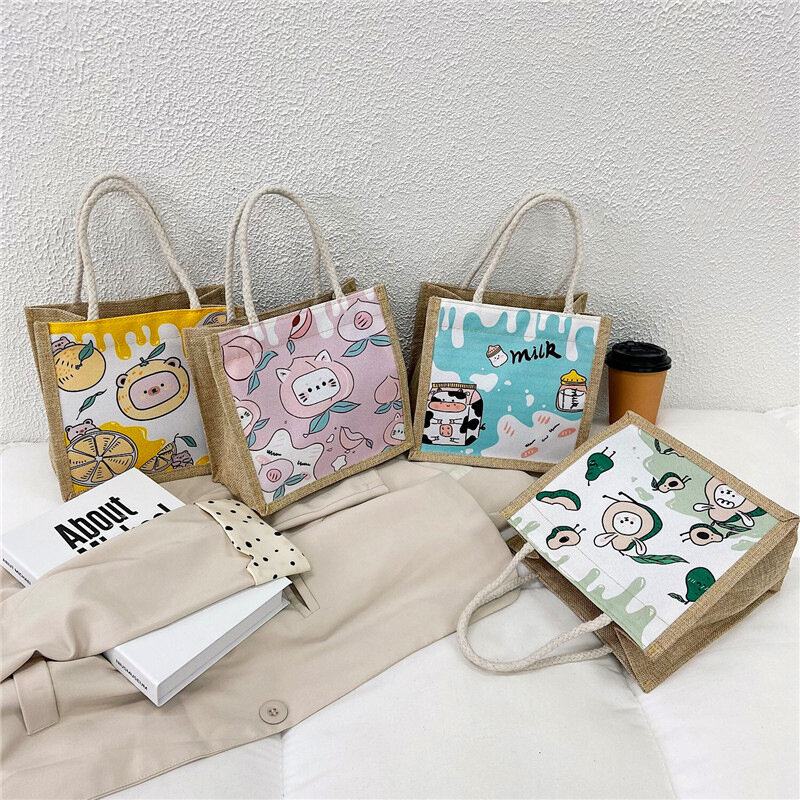 Tas tangan Linen pola kartun lucu untuk wanita tas penyimpanan bahan kanvas tas belanja perjalanan kapasitas besar tas Tote hadiah pembelanja