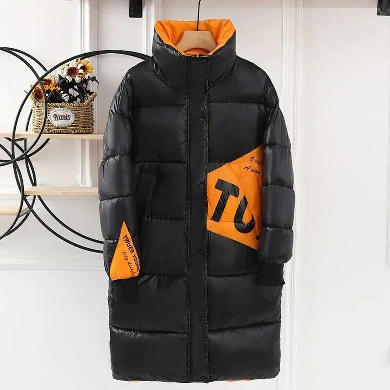 2024 New Winter Down Cotton-Padded Jacket Women Overcoat Korean Color Matching Long Glossy Female Thicke Slim Warm Parker Coats