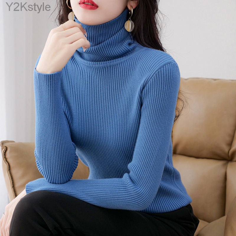 2023 zimowe damskie swetry z golfem trykotowa, w stylu Basic miękkie pulowery kaszmirowe swetry dla kobiet modne elastyczne ciepłe swetry