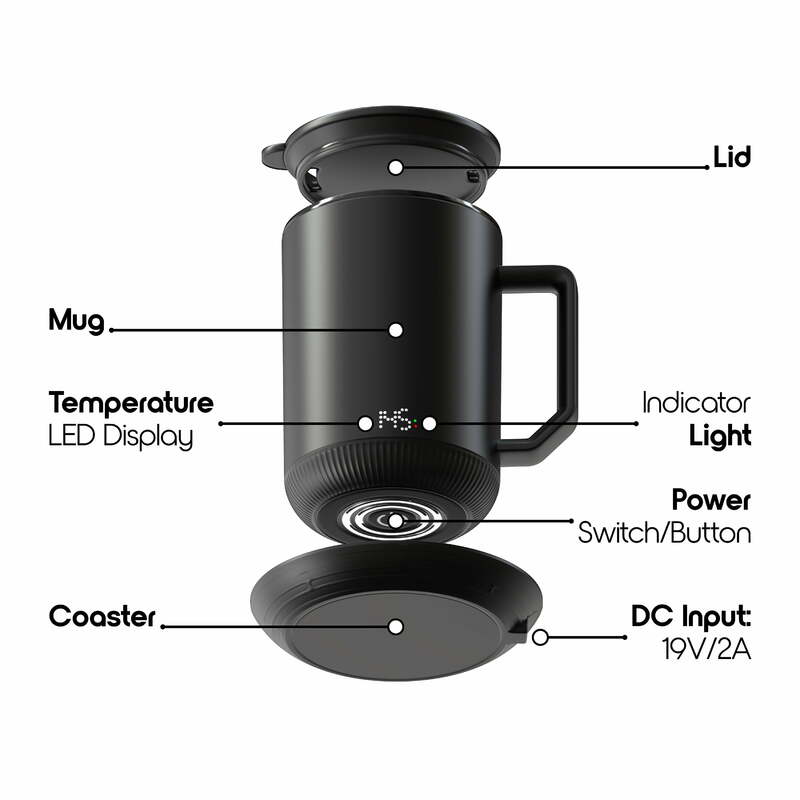 Подставка для зарядки ionMug, 12 унций Кофейная кружка из нержавеющей стали с самонагревом и крышкой, 3,5x3,5x5 дюймов