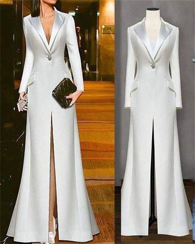 Off White Women Suits Blazer Long Jacket Maxi Prom Dress Cotton Formal Office Lady Coat Outfit personalizza Red Carpet Party Gown